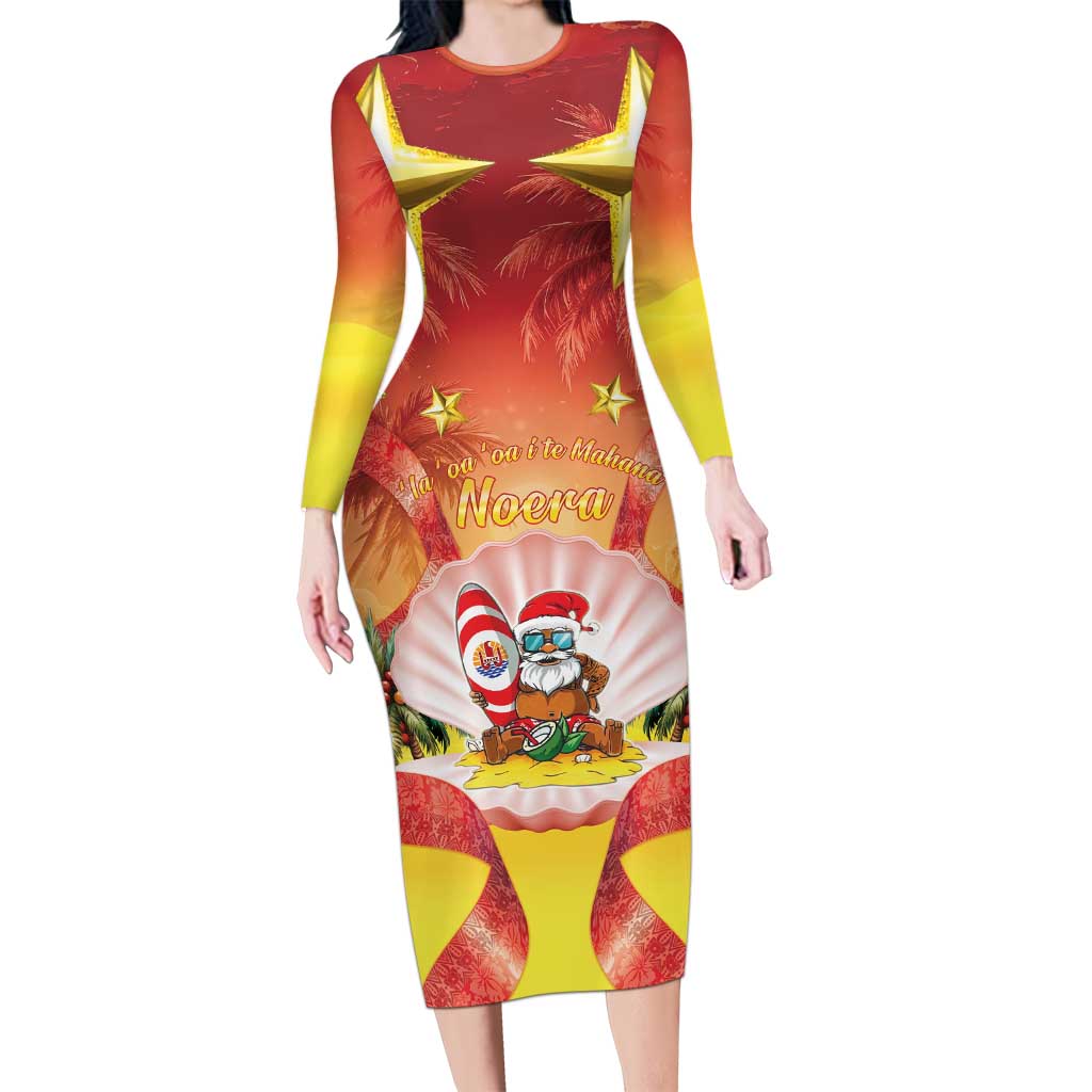 French Polynesia Christmas Long Sleeve Bodycon Dress Seashell Santa Beach Vibes - Polynesian Pride