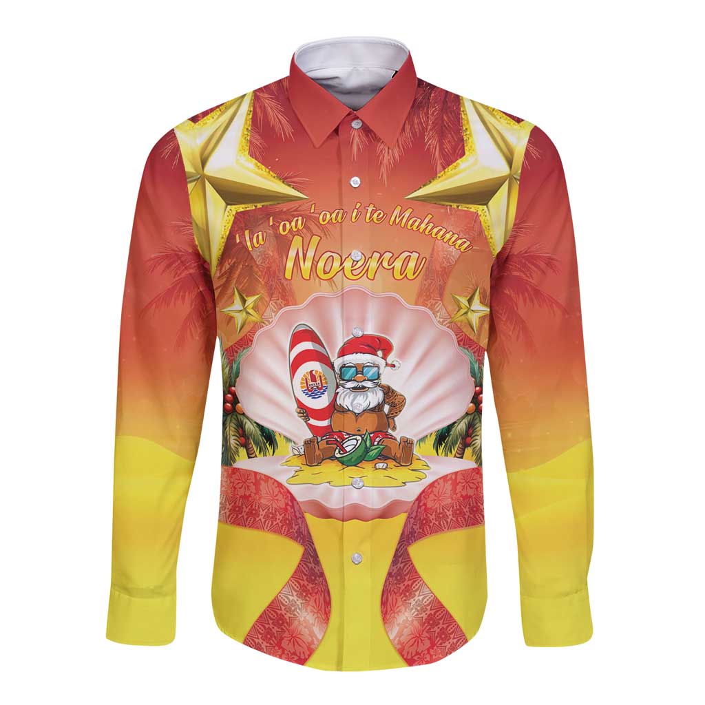 French Polynesia Christmas Long Sleeve Button Shirt Seashell Santa Beach Vibes - Polynesian Pride