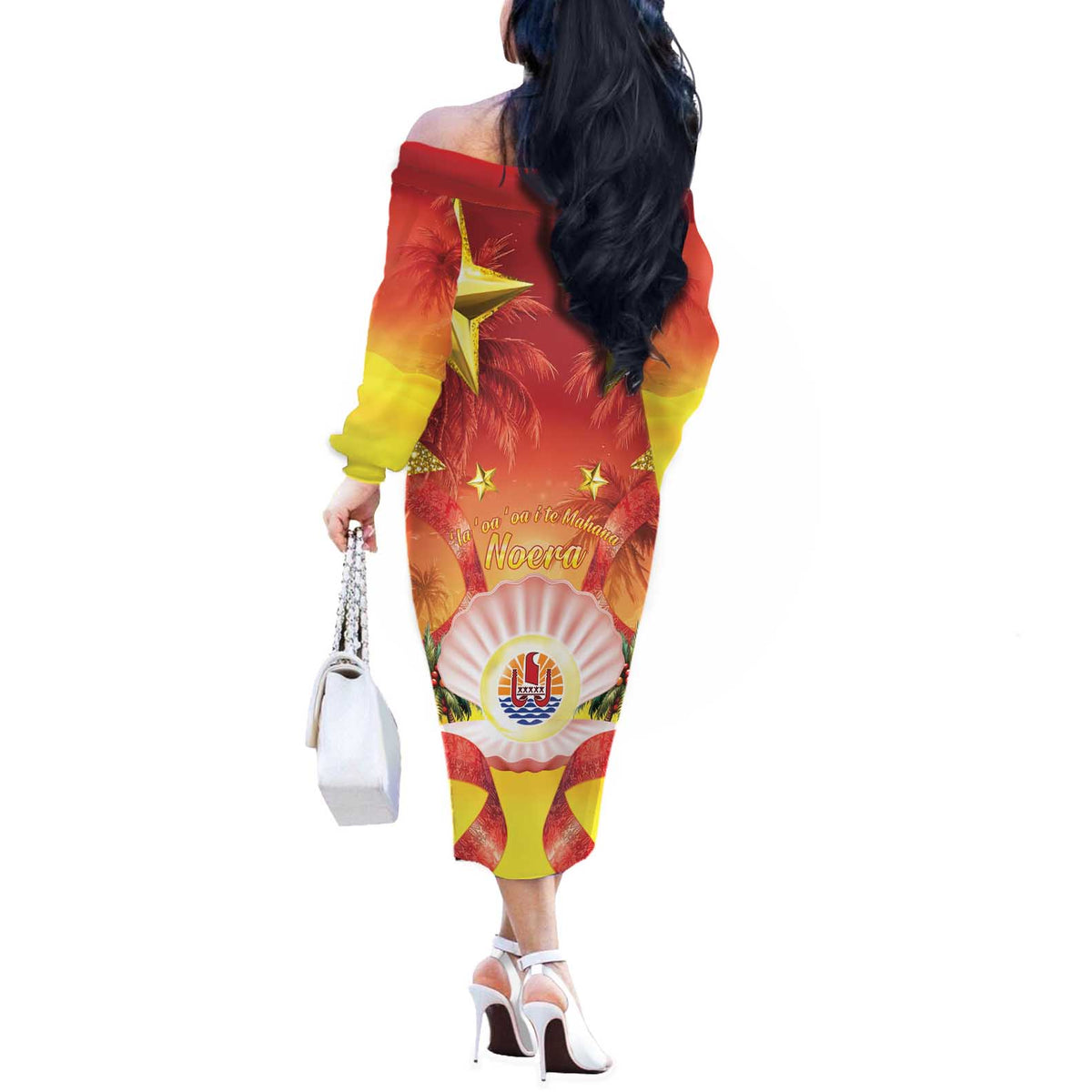 French Polynesia Christmas Off The Shoulder Long Sleeve Dress Seashell Santa Beach Vibes LT05 - Polynesian Pride
