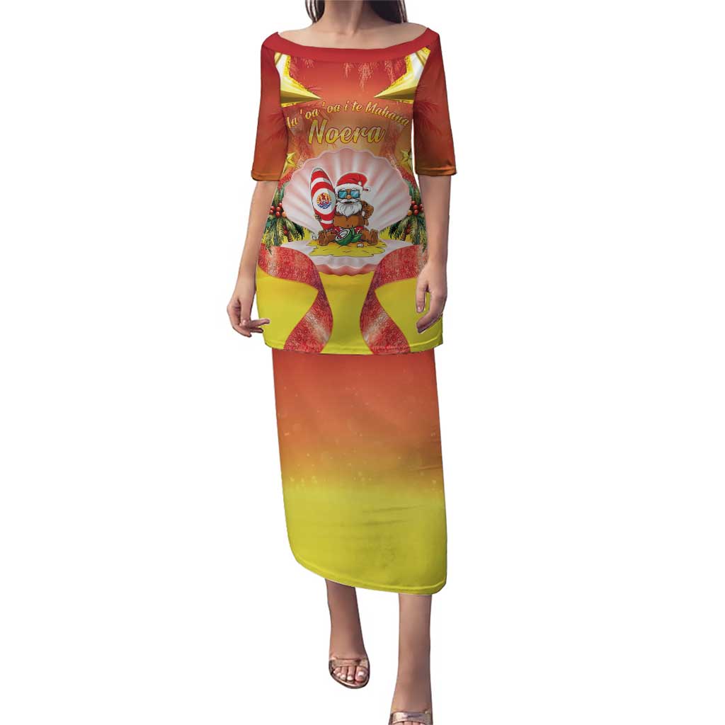 French Polynesia Christmas Puletasi Seashell Santa Beach Vibes LT05 Long Dress Orange - Polynesian Pride
