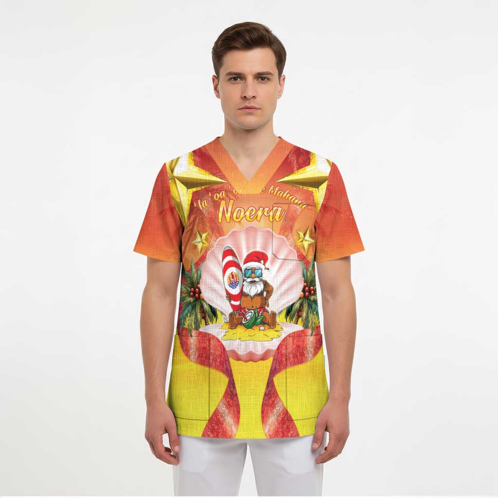 French Polynesia Christmas Scrub Top Seashell Santa Beach Vibes LT05 - Polynesian Pride