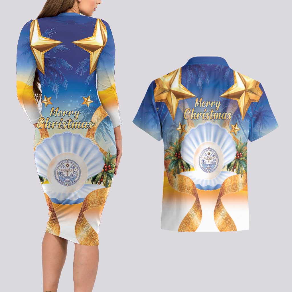 Marshall Islands Christmas Couples Matching Long Sleeve Bodycon Dress and Hawaiian Shirt Seashell Santa Beach Vibes LT05 - Polynesian Pride
