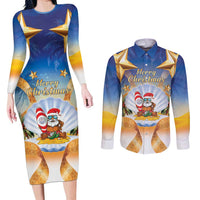 Marshall Islands Christmas Couples Matching Long Sleeve Bodycon Dress and Long Sleeve Button Shirt Seashell Santa Beach Vibes LT05 Navy - Polynesian Pride