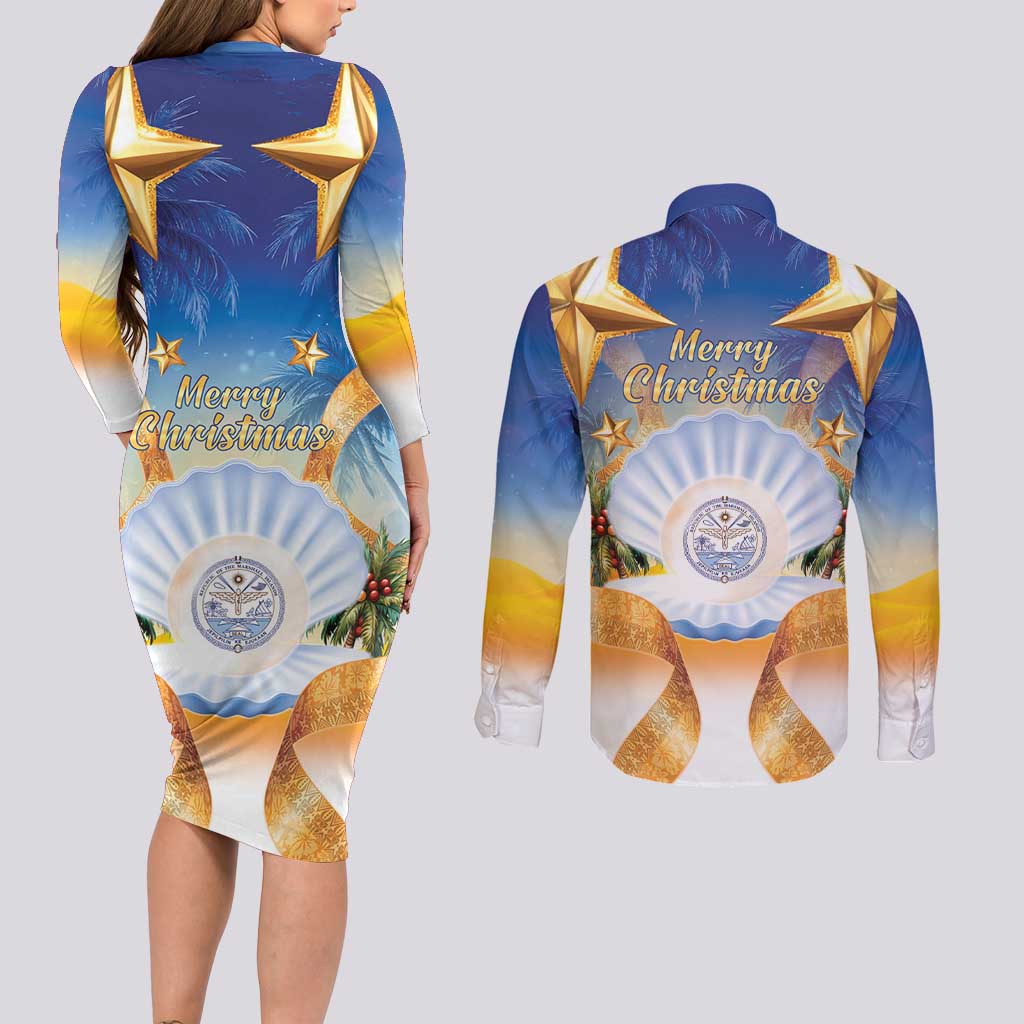 Marshall Islands Christmas Couples Matching Long Sleeve Bodycon Dress and Long Sleeve Button Shirt Seashell Santa Beach Vibes LT05 - Polynesian Pride