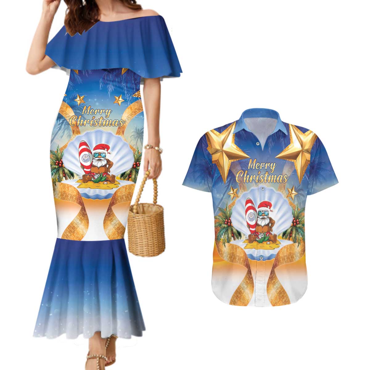 Marshall Islands Christmas Couples Matching Mermaid Dress and Hawaiian Shirt Seashell Santa Beach Vibes LT05 Navy - Polynesian Pride