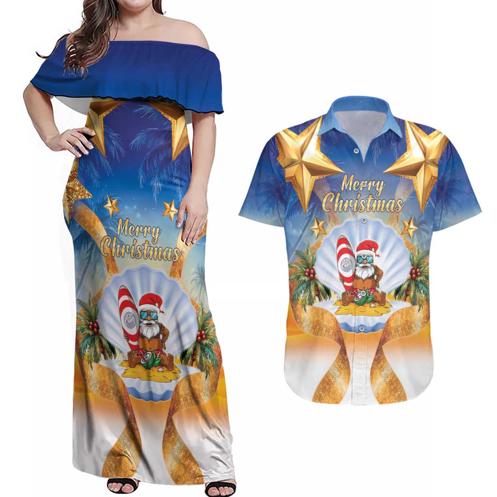 Marshall Islands Christmas Couples Matching Off Shoulder Maxi Dress and Hawaiian Shirt Seashell Santa Beach Vibes - Polynesian Pride