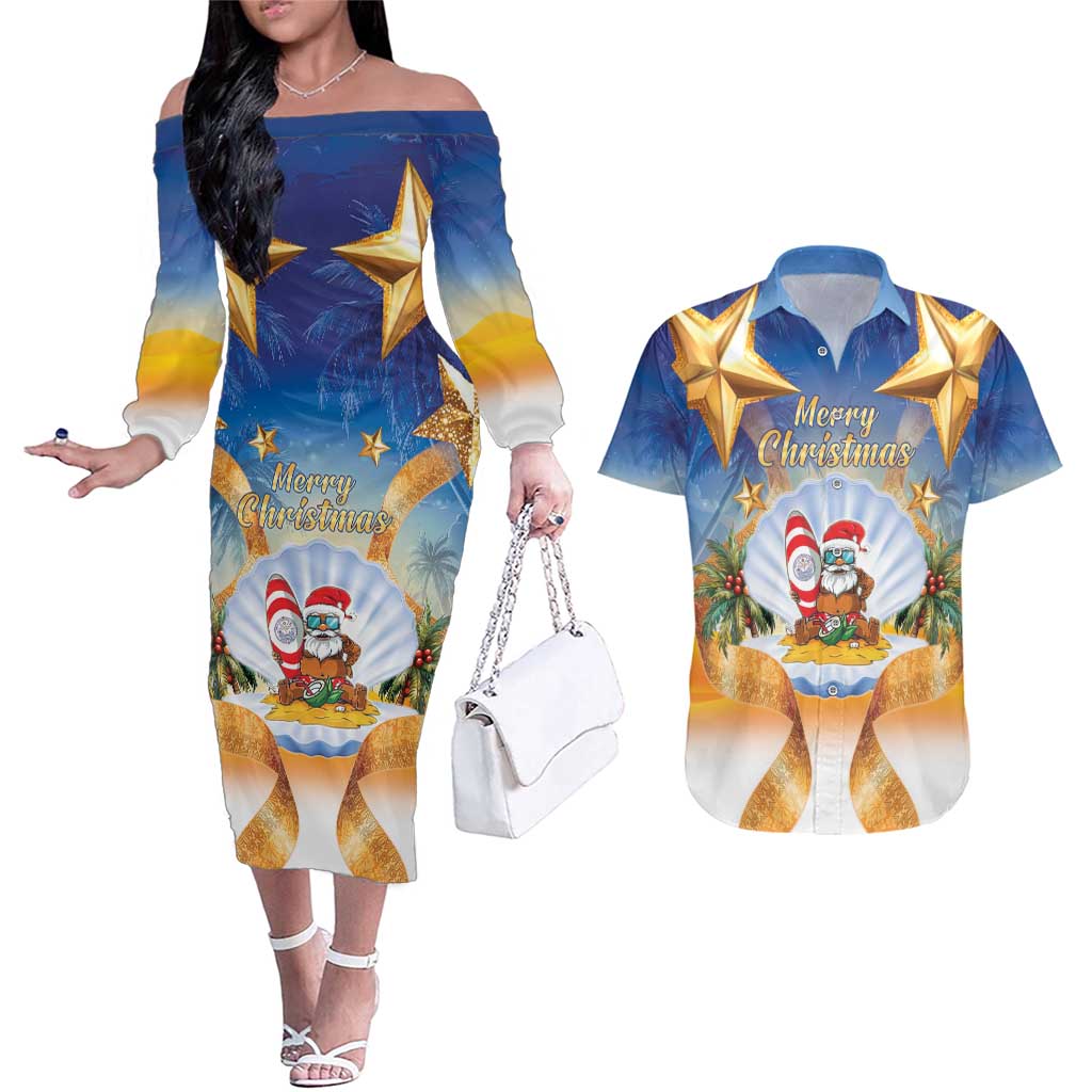 Marshall Islands Christmas Couples Matching Off The Shoulder Long Sleeve Dress and Hawaiian Shirt Seashell Santa Beach Vibes LT05 Navy - Polynesian Pride