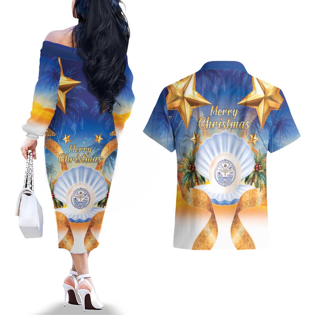 Marshall Islands Christmas Couples Matching Off The Shoulder Long Sleeve Dress and Hawaiian Shirt Seashell Santa Beach Vibes LT05 - Polynesian Pride