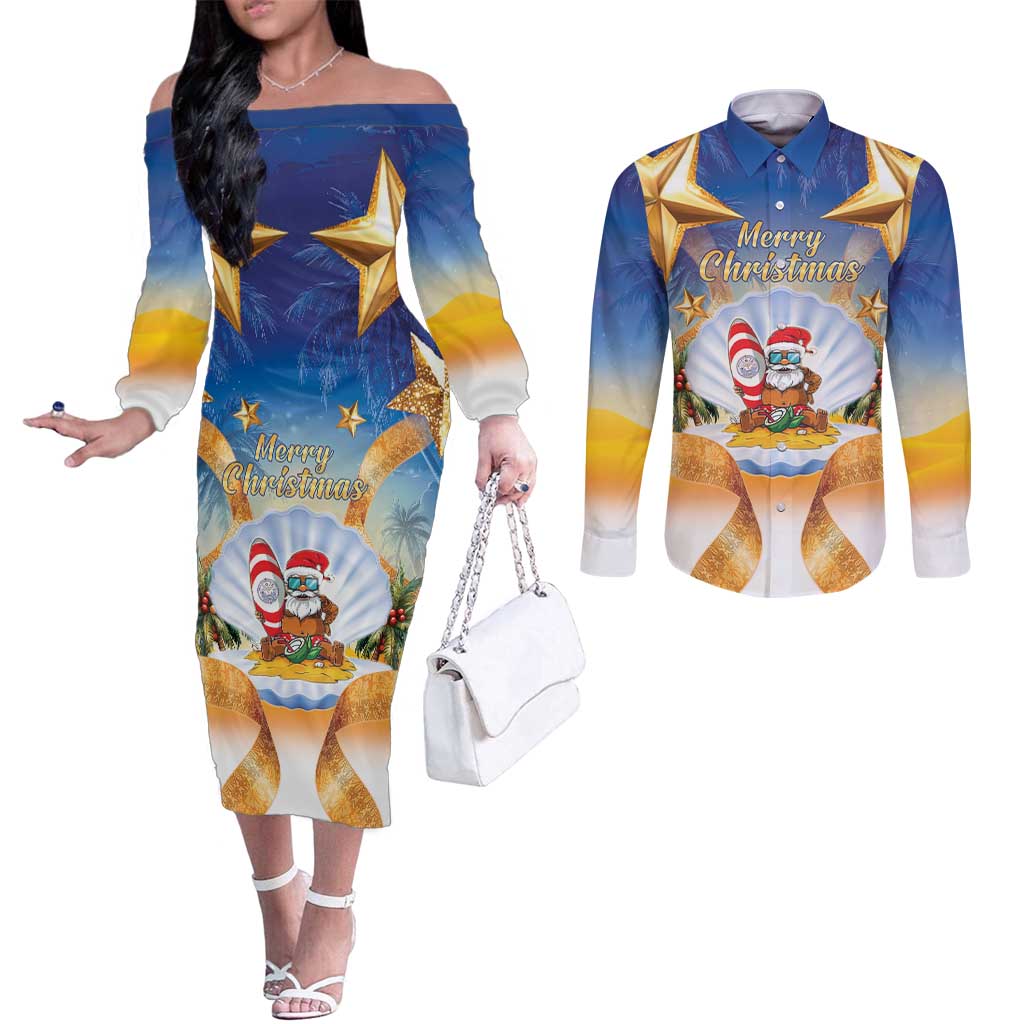 Marshall Islands Christmas Couples Matching Off The Shoulder Long Sleeve Dress and Long Sleeve Button Shirt Seashell Santa Beach Vibes LT05 Navy - Polynesian Pride