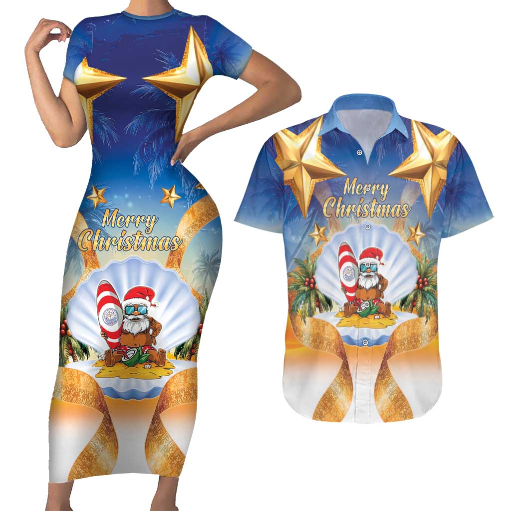 Marshall Islands Christmas Couples Matching Short Sleeve Bodycon Dress and Hawaiian Shirt Seashell Santa Beach Vibes LT05 Navy - Polynesian Pride