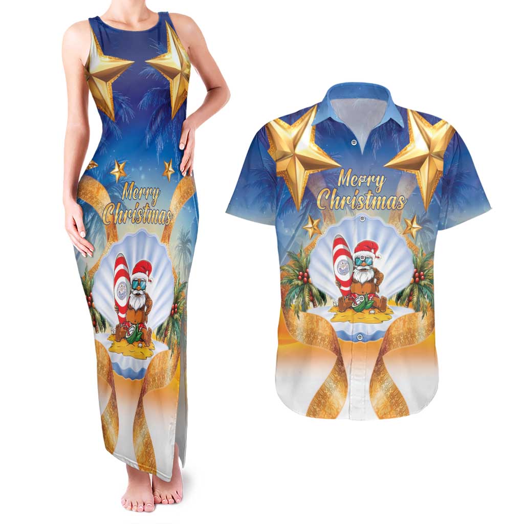 Marshall Islands Christmas Couples Matching Tank Maxi Dress and Hawaiian Shirt Seashell Santa Beach Vibes - Polynesian Pride