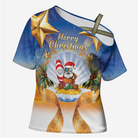 Marshall Islands Christmas Cross Shoulder Shirt Seashell Santa Beach Vibes LT05 Female Navy - Polynesian Pride