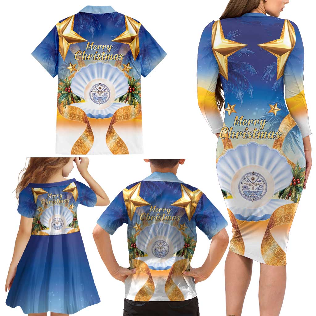 Marshall Islands Christmas Family Matching Long Sleeve Bodycon Dress and Hawaiian Shirt Seashell Santa Beach Vibes - Polynesian Pride