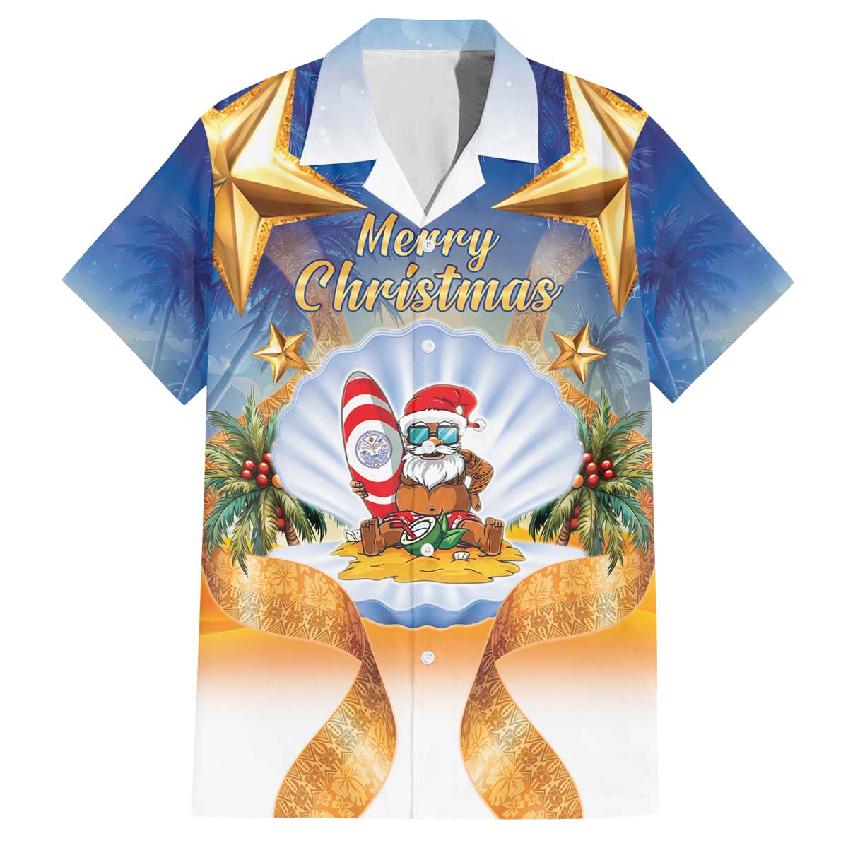 Marshall Islands Christmas Family Matching Off The Shoulder Long Sleeve Dress and Hawaiian Shirt Seashell Santa Beach Vibes LT05 Dad's Shirt - Short Sleeve Navy - Polynesian Pride