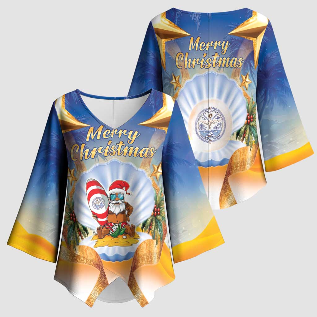 Marshall Islands Christmas Kimono Sleeve Blouse Seashell Santa Beach Vibes - Polynesian Pride