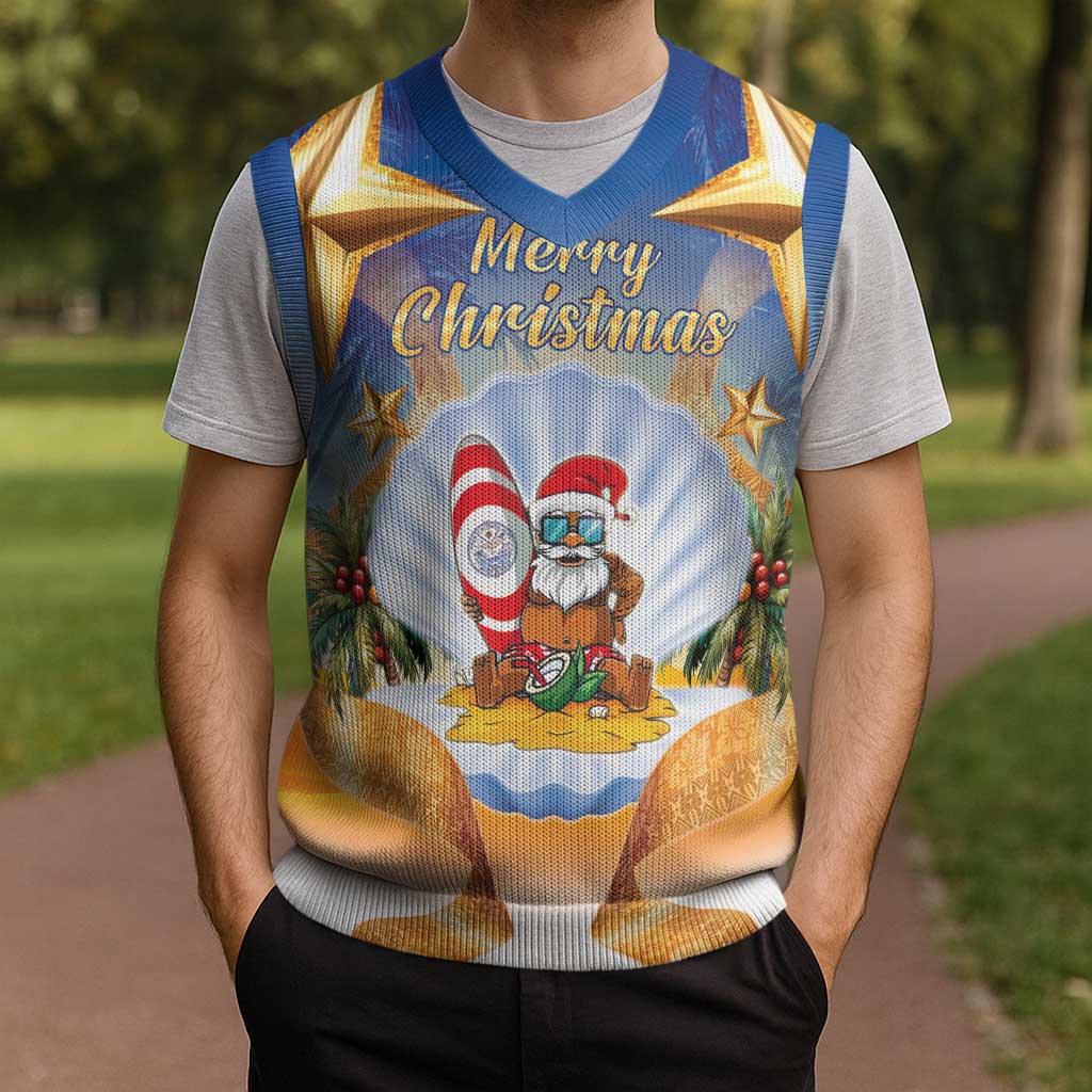 Marshall Islands Christmas Knitted V-Neck Vest Seashell Santa Beach Vibes - Polynesian Pride