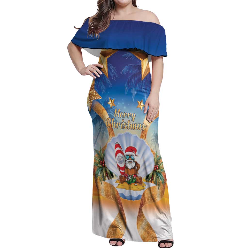 Marshall Islands Christmas Off Shoulder Maxi Dress Seashell Santa Beach Vibes LT05 Women Navy - Polynesian Pride