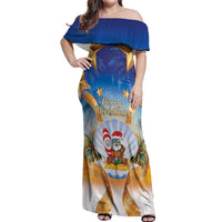 Marshall Islands Christmas Off Shoulder Maxi Dress Seashell Santa Beach Vibes LT05 Women Navy - Polynesian Pride