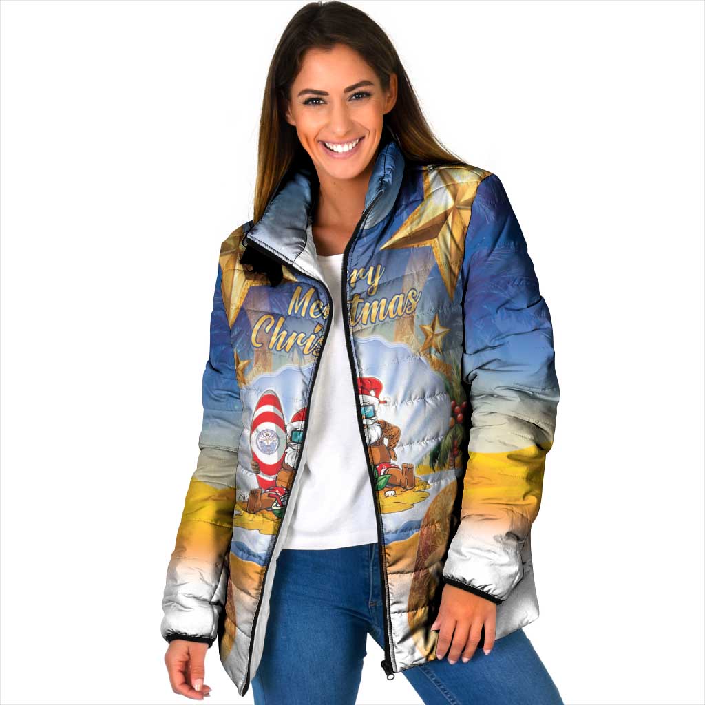 Marshall Islands Christmas Padded Jacket Seashell Santa Beach Vibes LT05 Women Navy - Polynesian Pride
