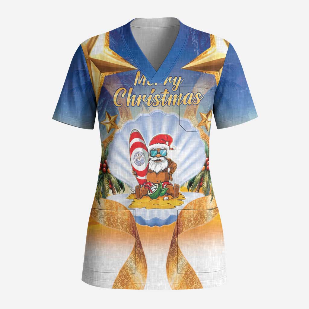 Marshall Islands Christmas Scrub Top Seashell Santa Beach Vibes LT05 Adult Navy - Polynesian Pride
