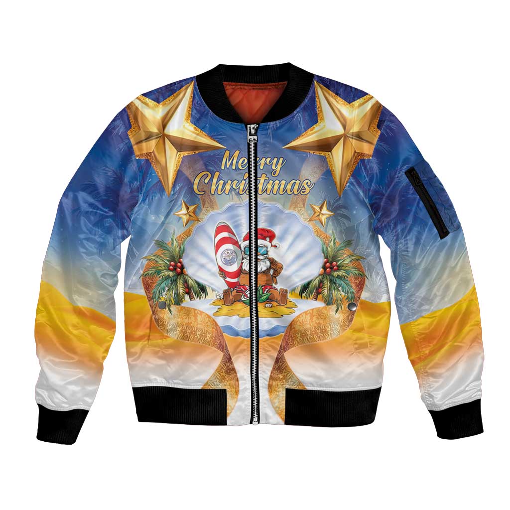 Marshall Islands Christmas Sleeve Zip Bomber Jacket Seashell Santa Beach Vibes LT05 Unisex Navy - Polynesian Pride