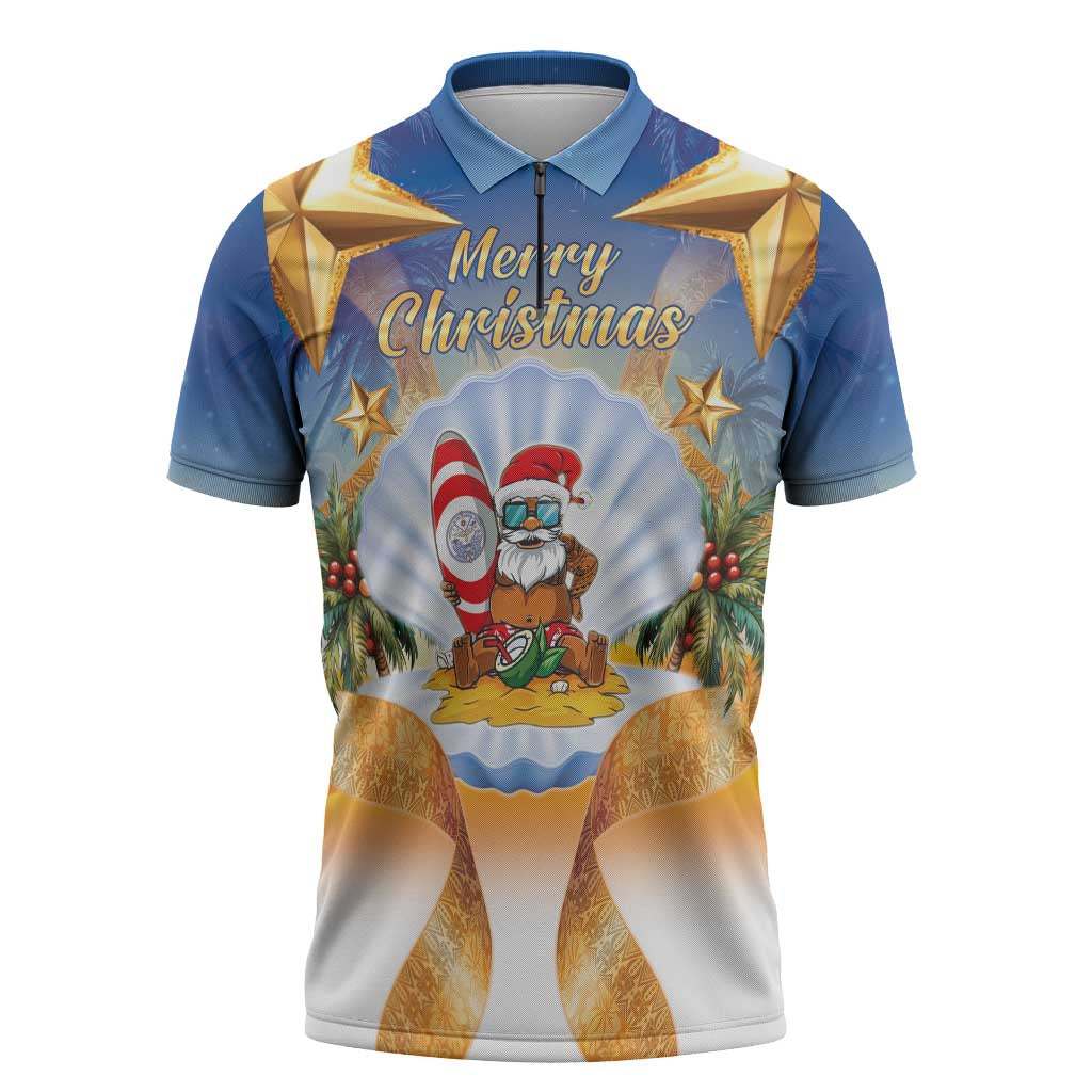 Marshall Islands Christmas Zipper Polo Shirt Seashell Santa Beach Vibes LT05 Navy - Polynesian Pride