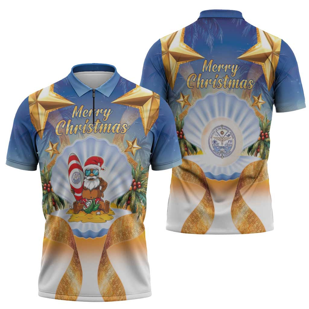 Marshall Islands Christmas Zipper Polo Shirt Seashell Santa Beach Vibes LT05 - Polynesian Pride