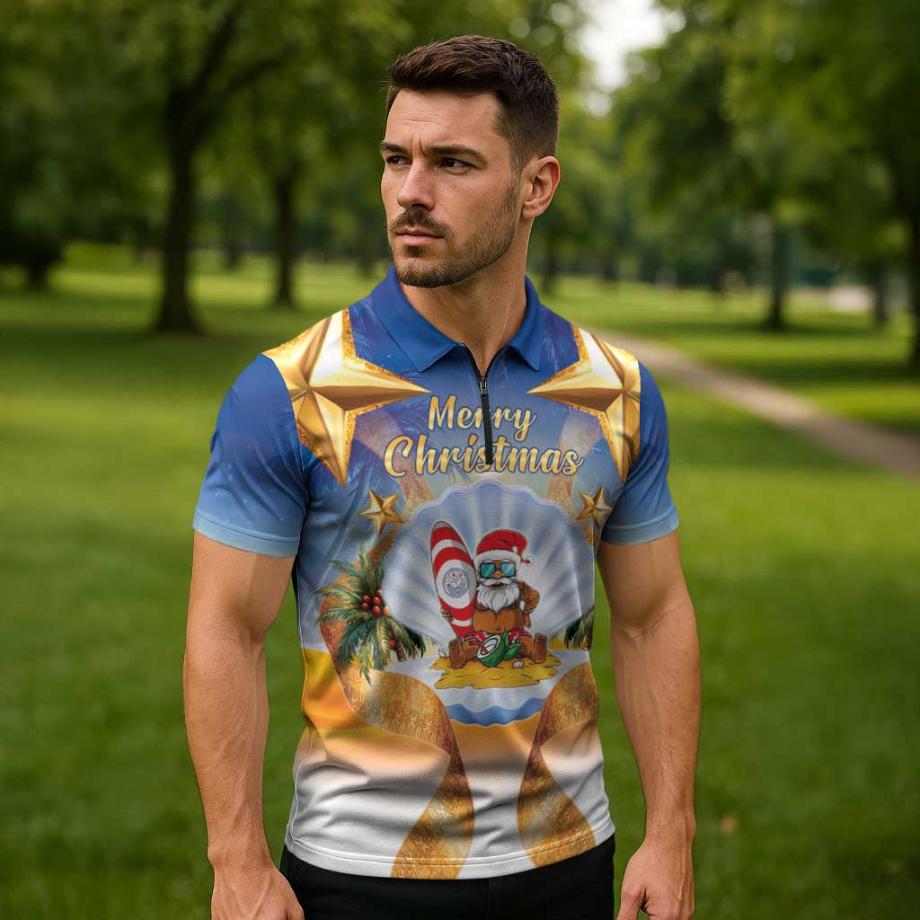Marshall Islands Christmas Zipper Polo Shirt Seashell Santa Beach Vibes LT05 - Polynesian Pride