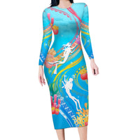Under The Sea Scuba Diving Long Sleeve Bodycon Dress Polynesian Pattern LT05 Long Dress Blue - Polynesian Pride