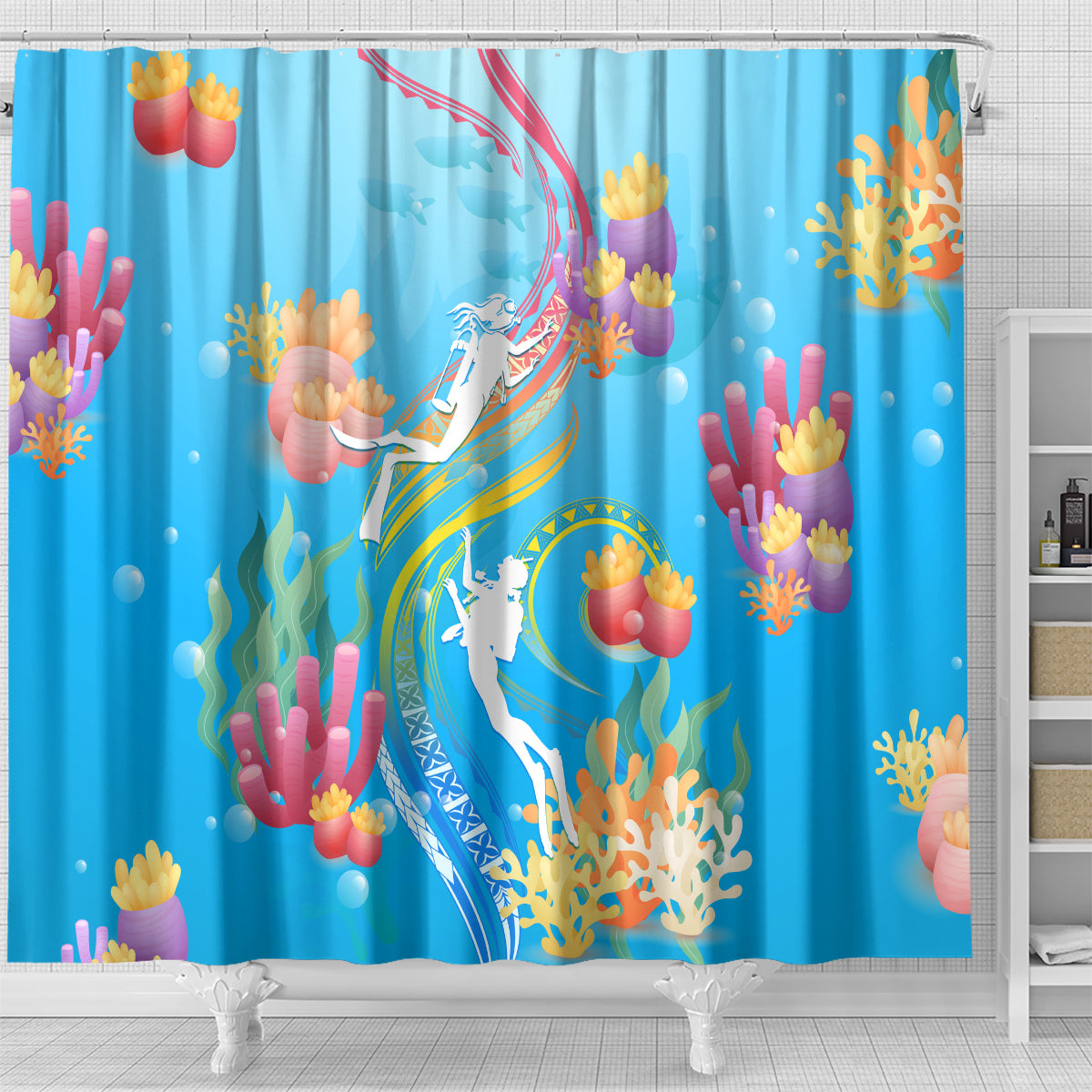 Under The Sea Scuba Diving Shower Curtain Polynesian Pattern LT05 - Polynesian Pride