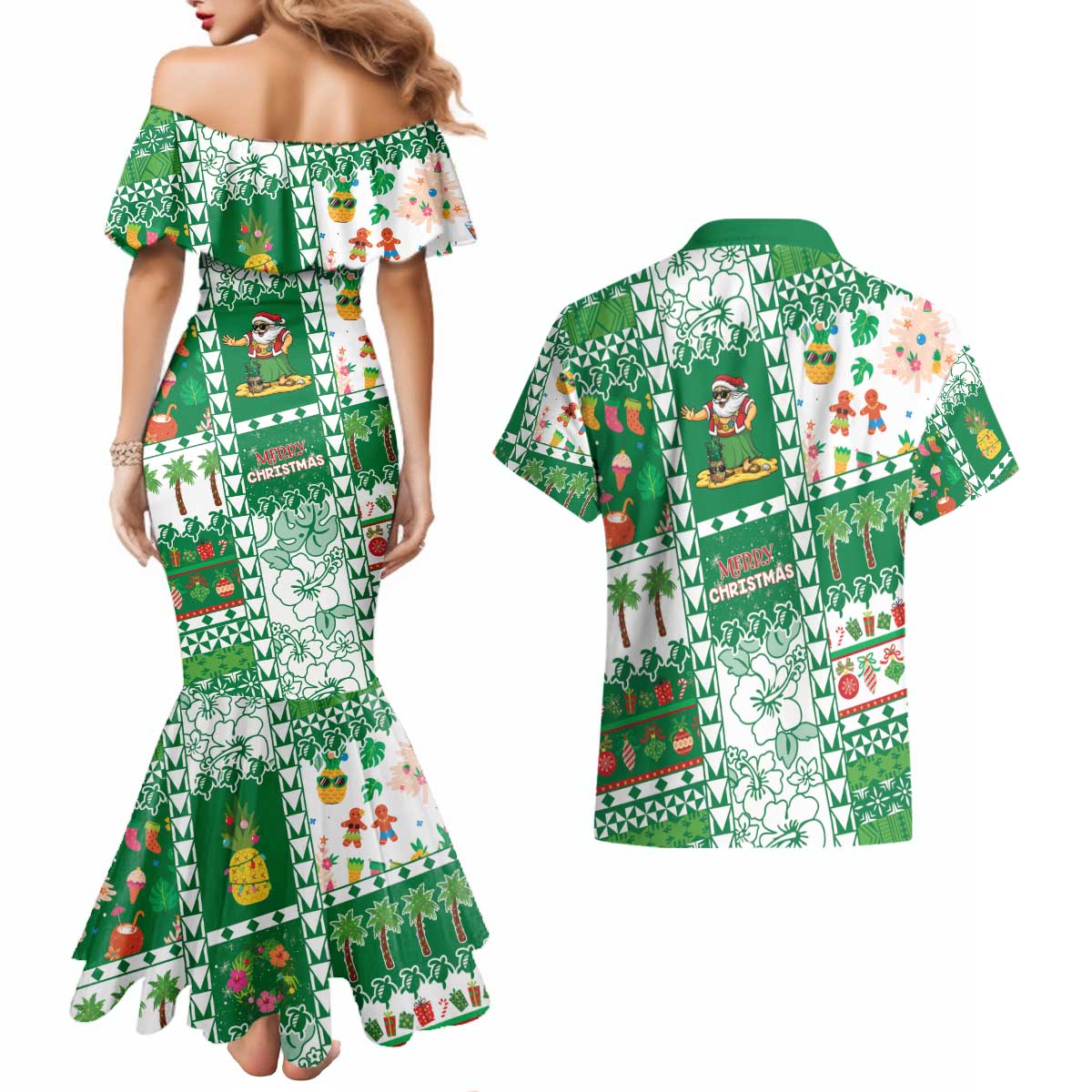 Norfolk Island Christmas Couples Matching Mermaid Dress and Hawaiian Shirt Festive Beach Vibes - Polynesian Pride