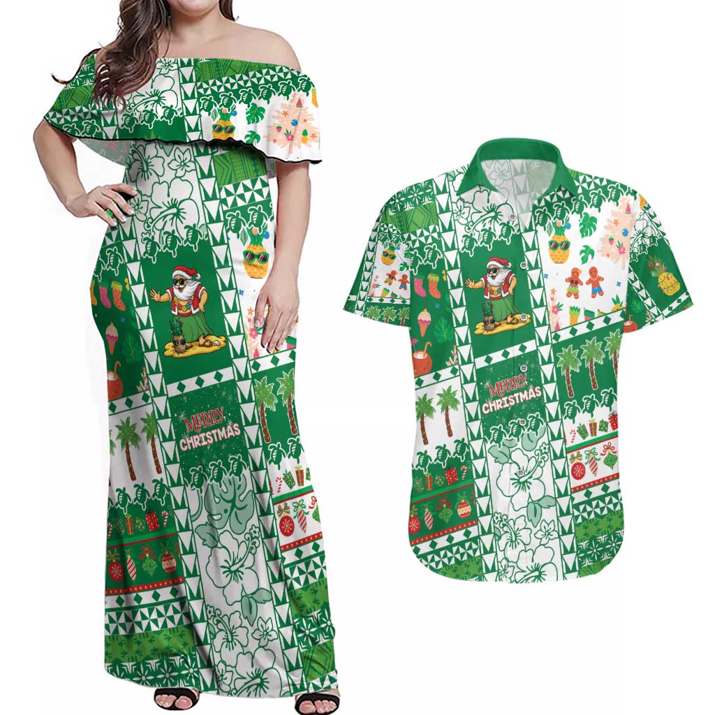 Norfolk Island Christmas Couples Matching Off Shoulder Maxi Dress and Hawaiian Shirt Festive Beach Vibes - Polynesian Pride