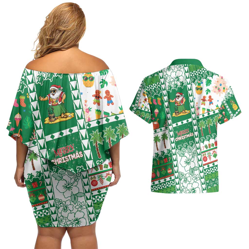 Norfolk Island Christmas Couples Matching Off Shoulder Short Dress and Hawaiian Shirt Festive Beach Vibes - Polynesian Pride