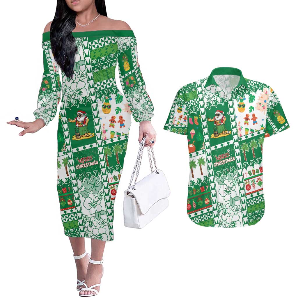 Norfolk Island Christmas Couples Matching Off The Shoulder Long Sleeve Dress and Hawaiian Shirt Festive Beach Vibes - Polynesian Pride