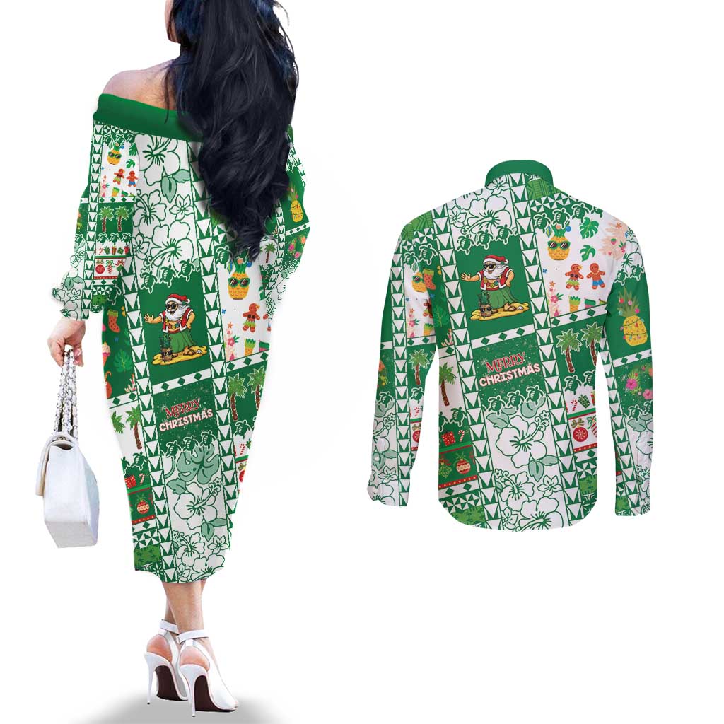 Norfolk Island Christmas Couples Matching Off The Shoulder Long Sleeve Dress and Long Sleeve Button Shirt Festive Beach Vibes - Polynesian Pride