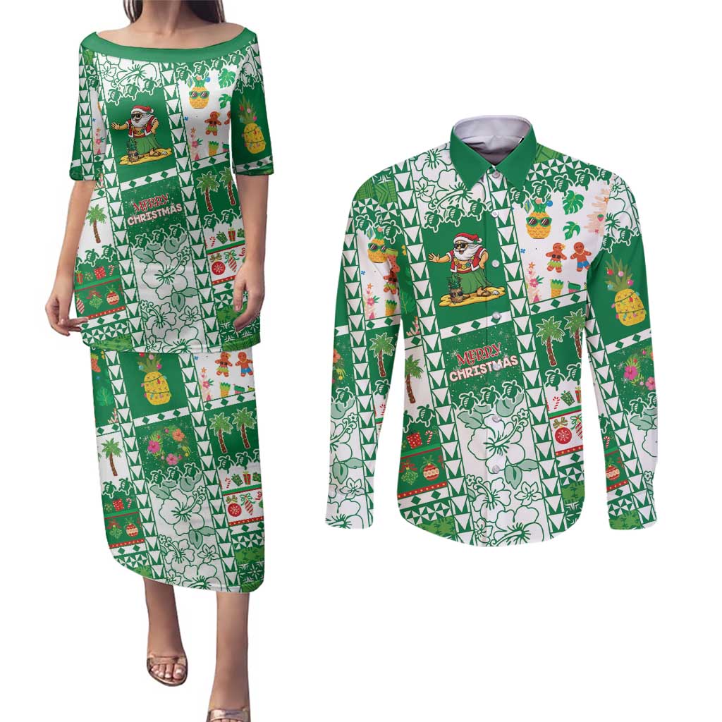 Norfolk Island Christmas Couples Matching Puletasi and Long Sleeve Button Shirt Festive Beach Vibes - Polynesian Pride