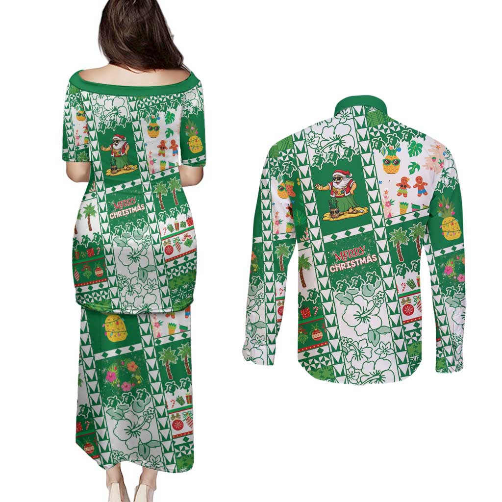 Norfolk Island Christmas Couples Matching Puletasi and Long Sleeve Button Shirt Festive Beach Vibes - Polynesian Pride
