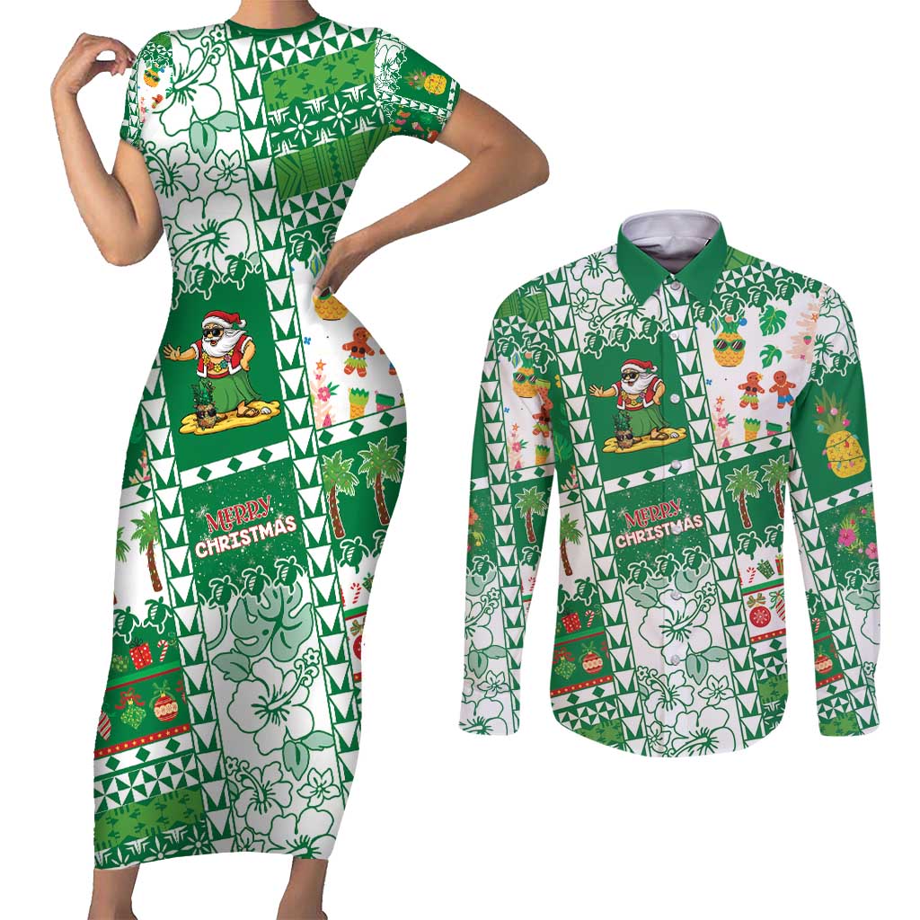 Norfolk Island Christmas Couples Matching Short Sleeve Bodycon Dress and Long Sleeve Button Shirt Festive Beach Vibes - Polynesian Pride