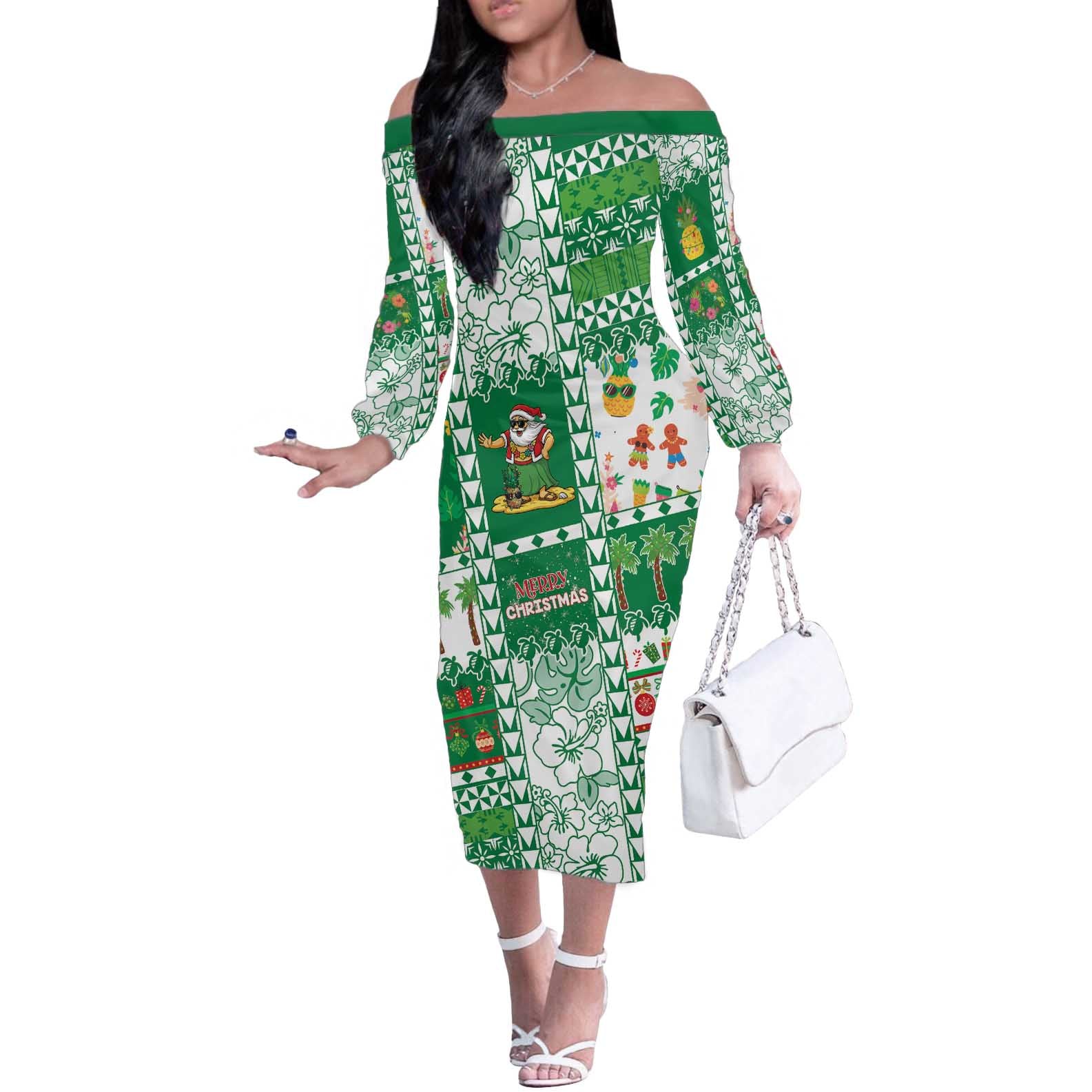 Norfolk Island Christmas Off The Shoulder Long Sleeve Dress Festive Beach Vibes - Polynesian Pride