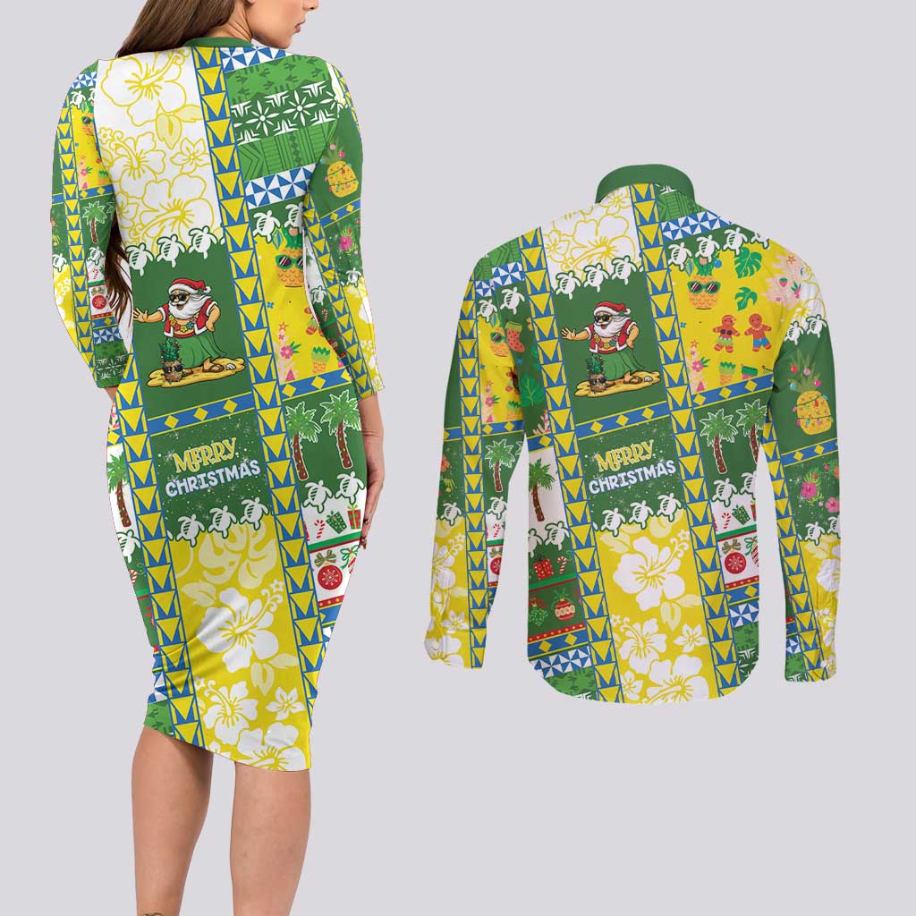 Pitcairn Islands Christmas Couples Matching Long Sleeve Bodycon Dress and Long Sleeve Button Shirt Festive Beach Vibes - Polynesian Pride