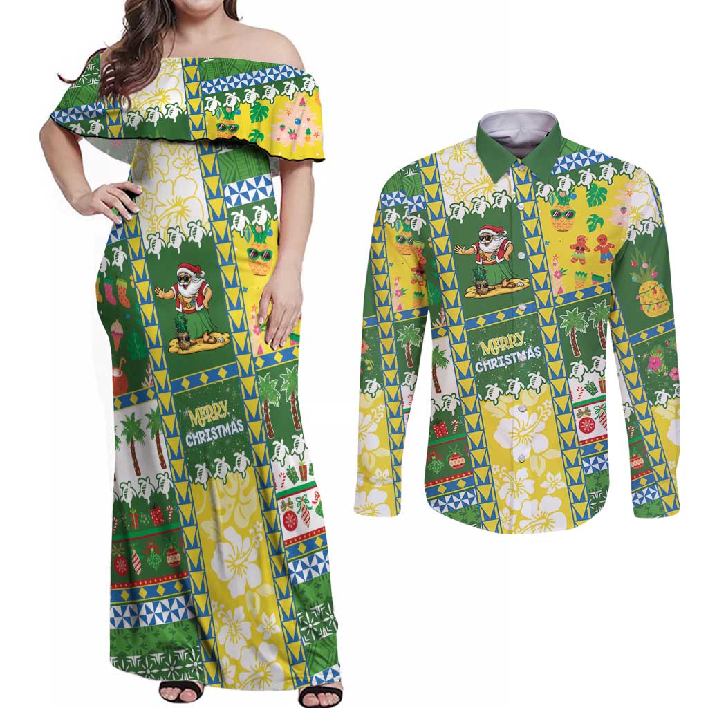 Pitcairn Islands Christmas Couples Matching Off Shoulder Maxi Dress and Long Sleeve Button Shirt Festive Beach Vibes - Polynesian Pride