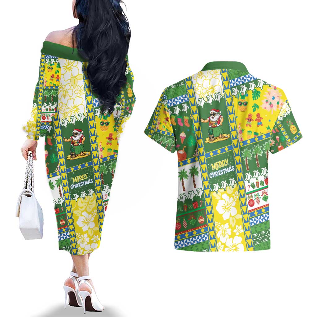 Pitcairn Islands Christmas Couples Matching Off The Shoulder Long Sleeve Dress and Hawaiian Shirt Festive Beach Vibes - Polynesian Pride