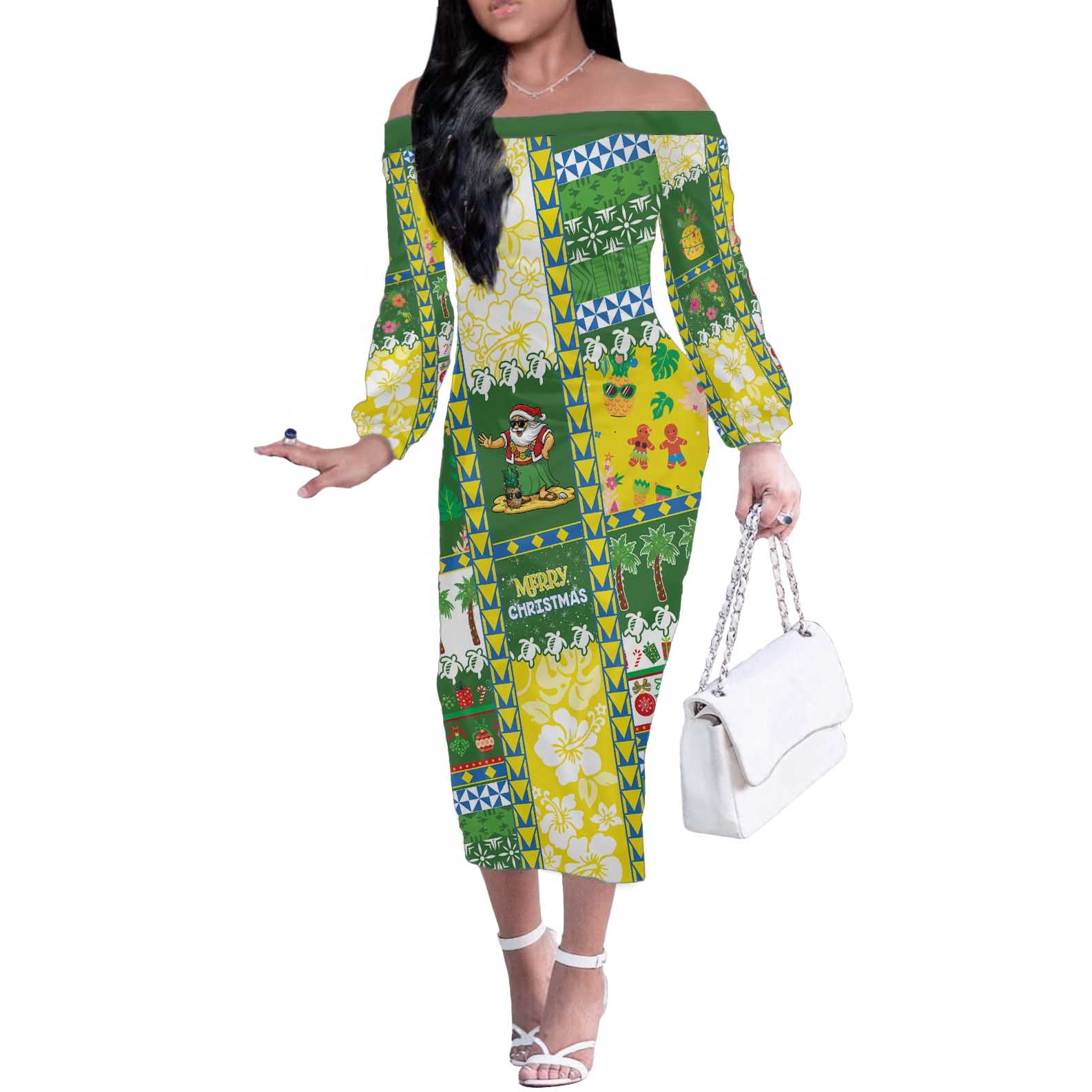 Pitcairn Islands Christmas Off The Shoulder Long Sleeve Dress Festive Beach Vibes - Polynesian Pride