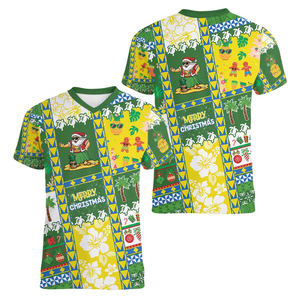 Pitcairn Islands Christmas Women V-Neck T-Shirt Festive Beach Vibes - Polynesian Pride