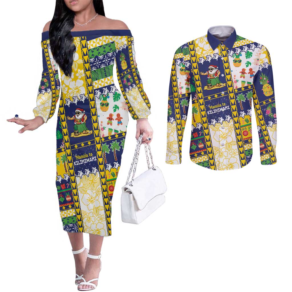 Tokelau Christmas Couples Matching Off The Shoulder Long Sleeve Dress and Long Sleeve Button Shirt Festive Beach Vibes - Polynesian Pride