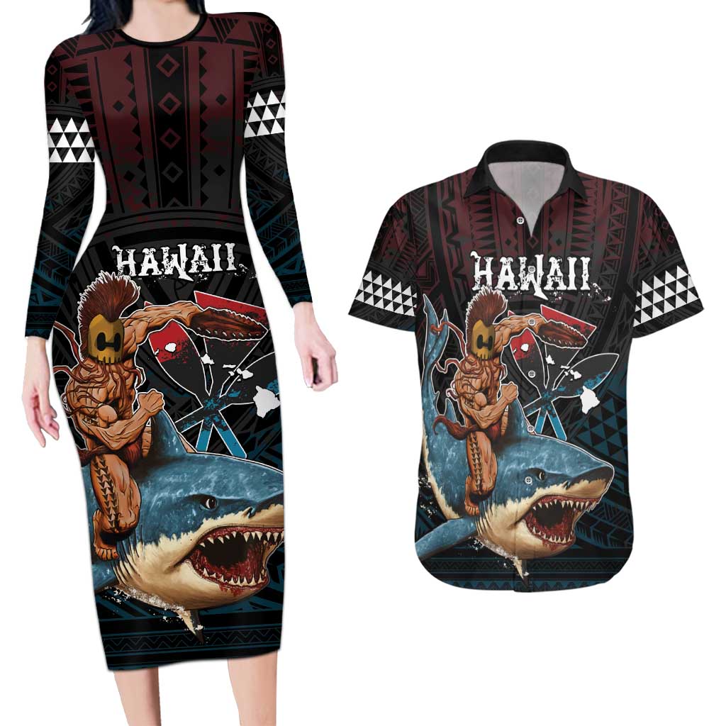 Hawaii Ikaika Couples Matching Long Sleeve Bodycon Dress and Hawaiian Shirt Hawaiian Mythic Koa Tribal Warrior