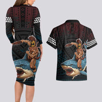 Hawaii Ikaika Couples Matching Long Sleeve Bodycon Dress and Hawaiian Shirt Hawaiian Mythic Koa Tribal Warrior