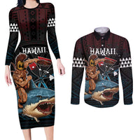 Hawaii Ikaika Couples Matching Long Sleeve Bodycon Dress and Long Sleeve Button Shirt Hawaiian Mythic Koa Tribal Warrior LT05 Black - Polynesian Pride