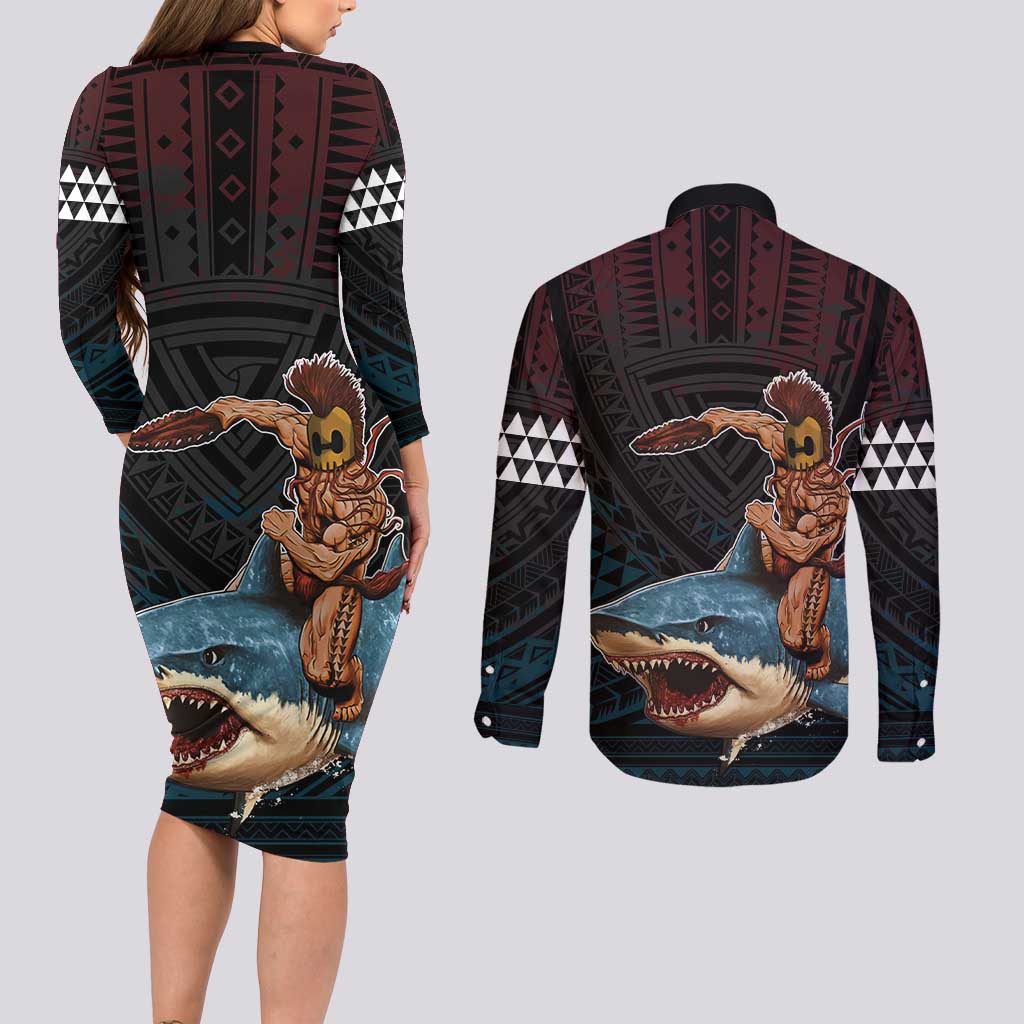 Hawaii Ikaika Couples Matching Long Sleeve Bodycon Dress and Long Sleeve Button Shirt Hawaiian Mythic Koa Tribal Warrior LT05 - Polynesian Pride