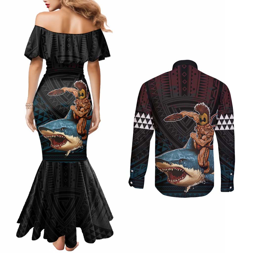 Hawaii Ikaika Couples Matching Mermaid Dress and Long Sleeve Button Shirt Hawaiian Mythic Koa Tribal Warrior LT05 - Polynesian Pride